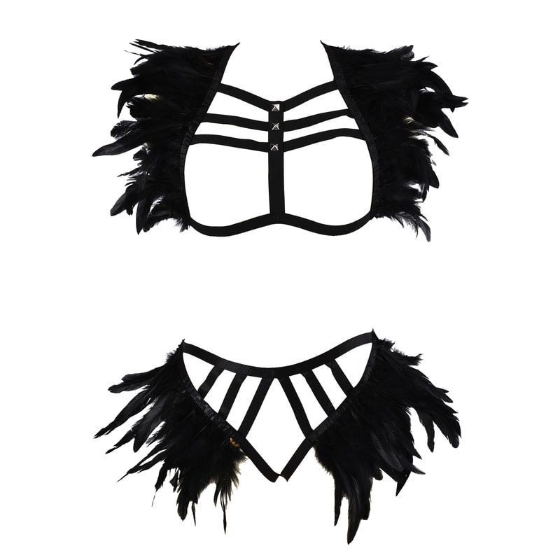 Ladies Feather Black Strappy Lingerie Set