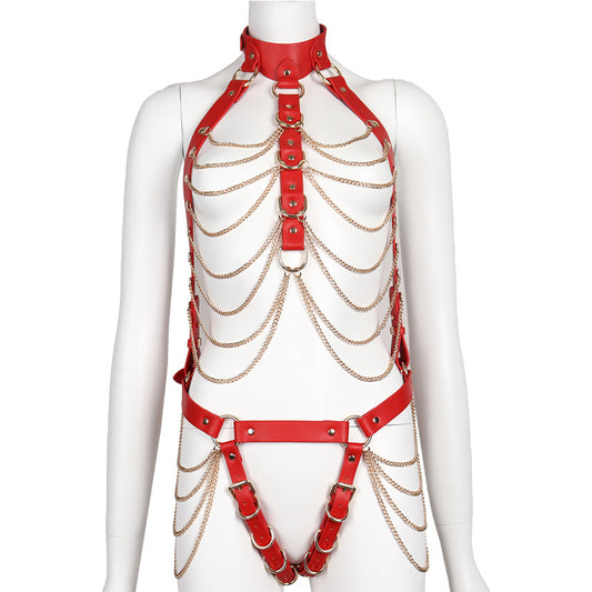 Leather Bondage Sexy Outfit in Chain Style Red