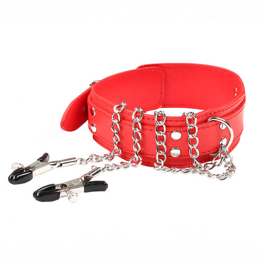 Leather Bondage Collar with Nipple Clips - GLingerie