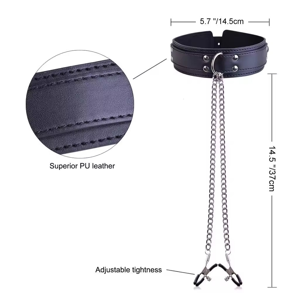 Bondage Collar with Nipple Clips