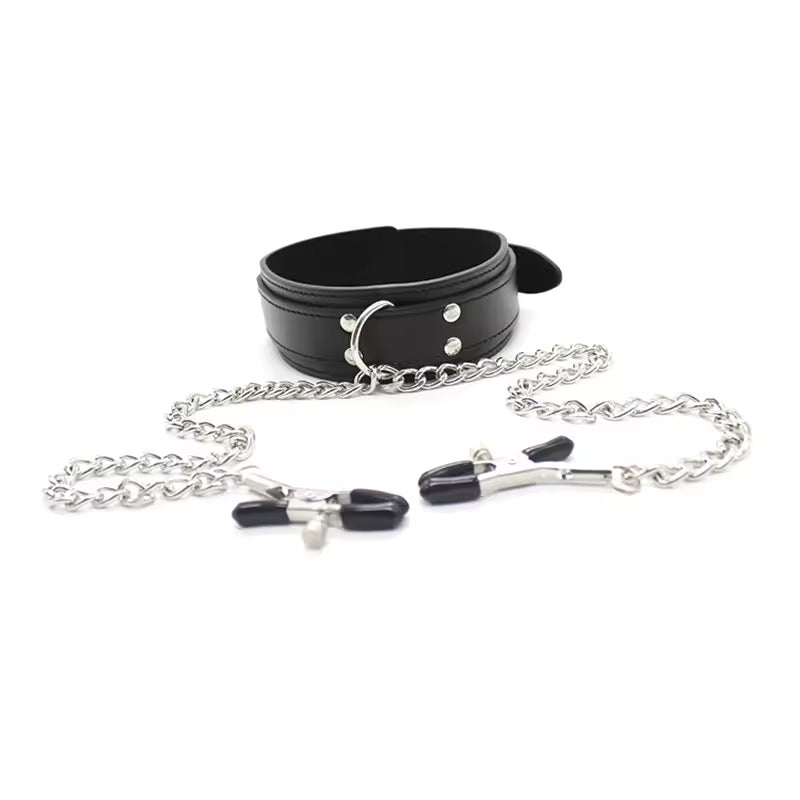 Bondage Collar with Nipple Clips