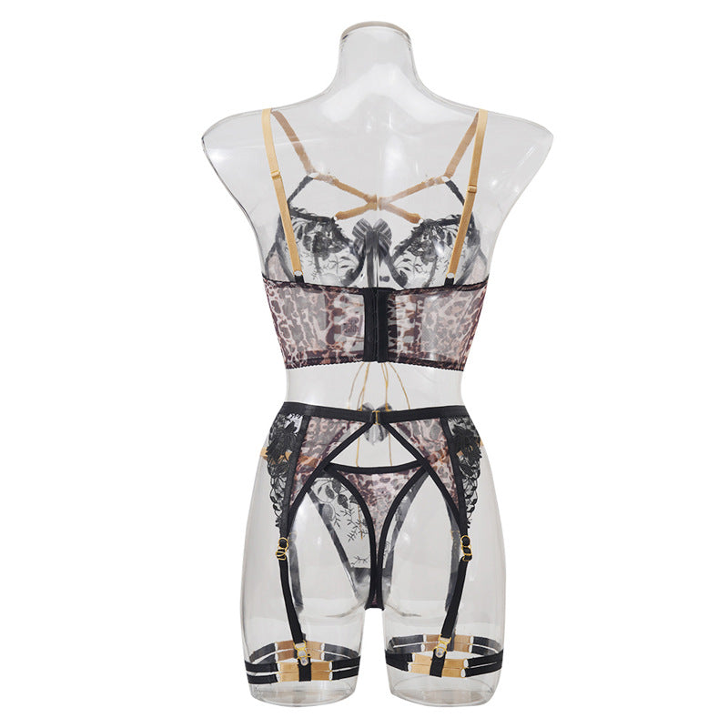 Leopard-print corset set with gold straps