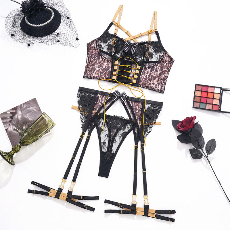 Leopard-print corset set with gold straps