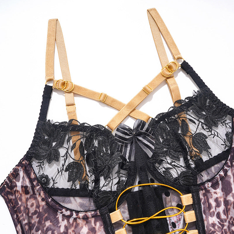 Leopard-print corset set with gold straps