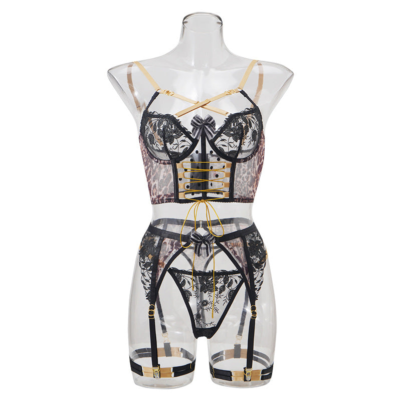 Leopard-print corset set with gold straps