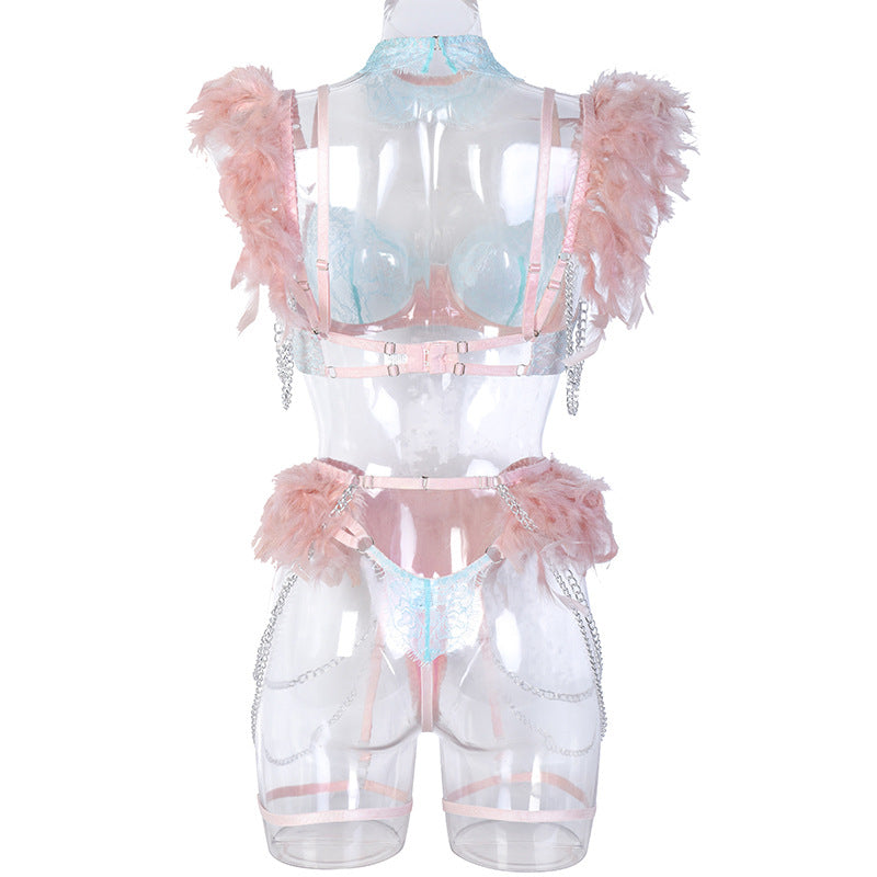 Elegant Sheer Lace Bra Set with Colorful Feather Accents