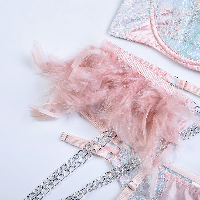 Elegant Sheer Lace Bra Set with Colorful Feather Accents