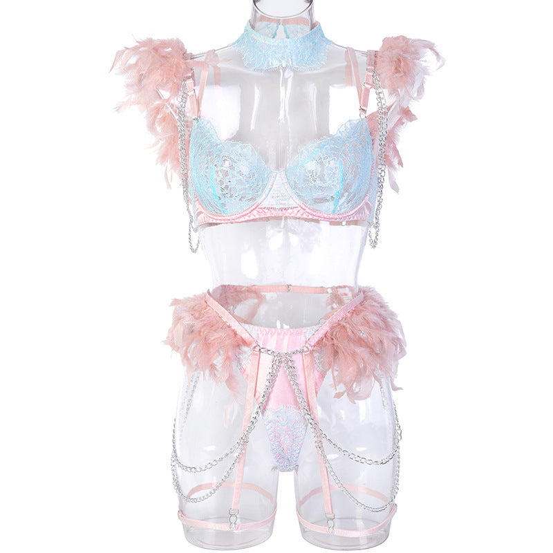 Elegant Sheer Lace Bra Set with Colorful Feather Accents