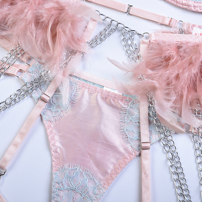 Elegant Sheer Lace Bra Set with Colorful Feather Accents