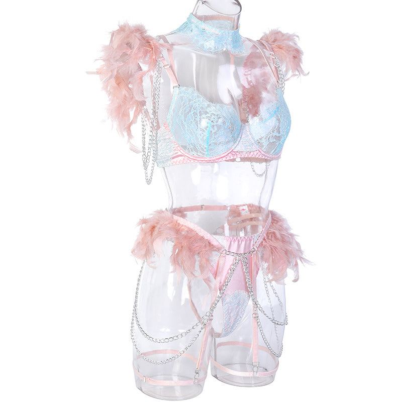 Elegant Sheer Lace Bra Set with Colorful Feather Accents