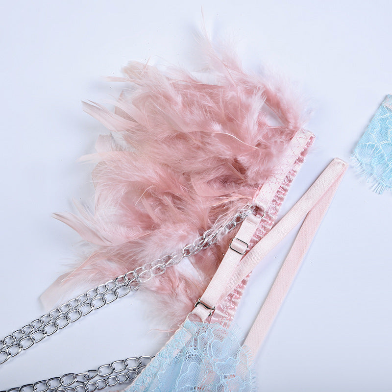 Elegant Sheer Lace Bra Set with Colorful Feather Accents