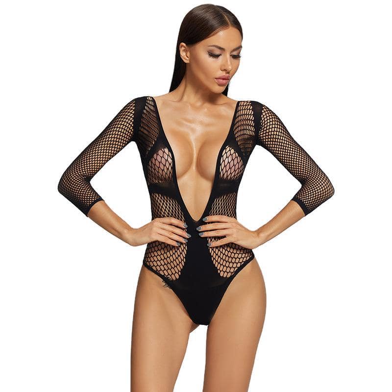 Long Sleeve Deep V Sexy Fishnet Body Suit