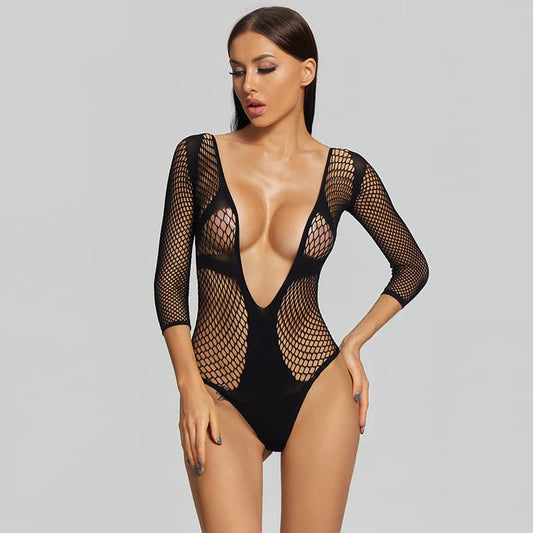Long Sleeve Deep V Sexy Fishnet Body Suit - Black / Free - Bodysuit