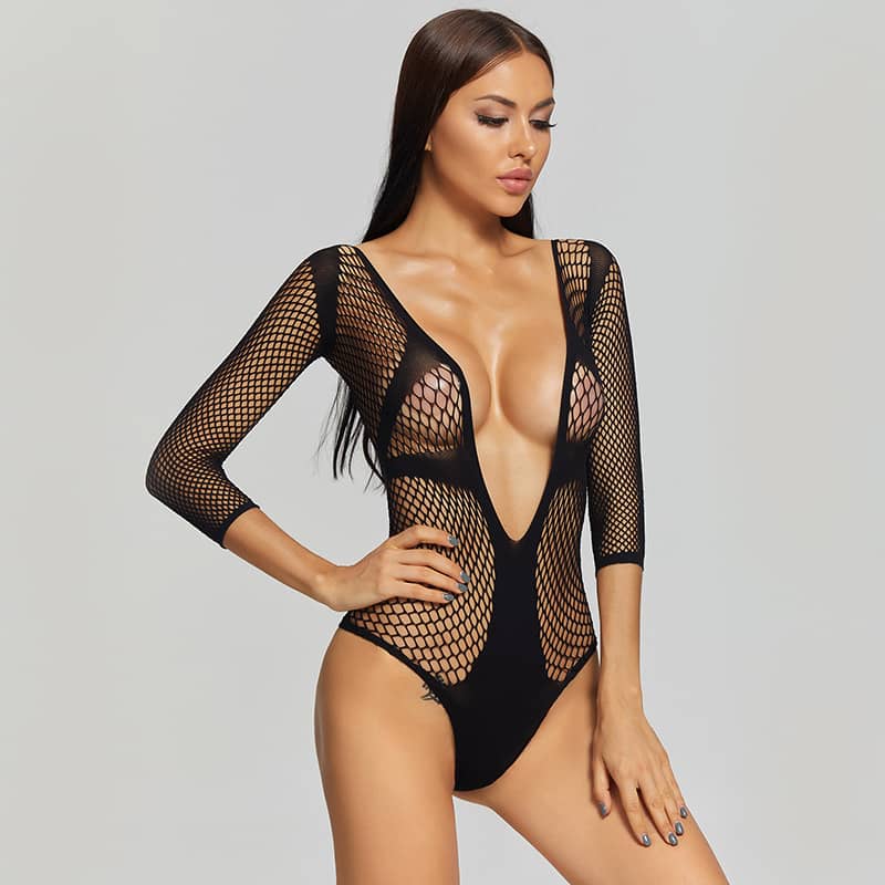 Long Sleeve Deep V Sexy Fishnet Body Suit