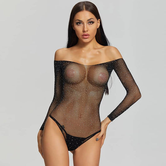 Sparkle And Shine Rhinestone Bodystocking - Black / Free