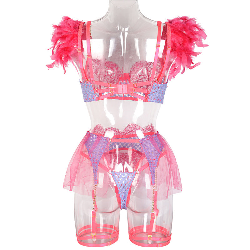 Luxurious Feather-Adorned Bra, Panty Set with Lace