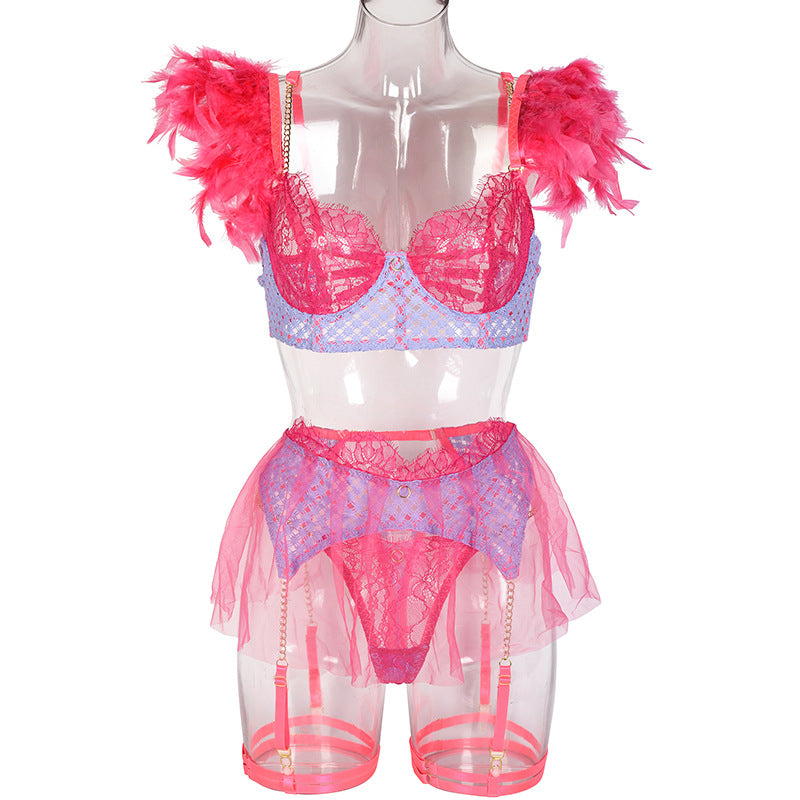 Luxurious Feather-Adorned Bra, Panty Set with Lace