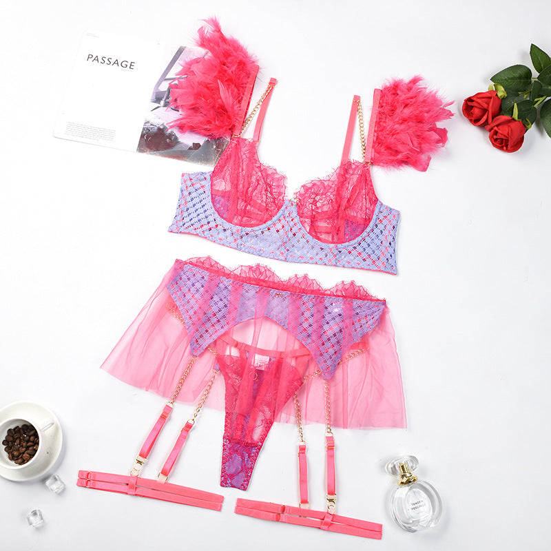 Luxurious Feather-Adorned Bra, Panty Set with Lace