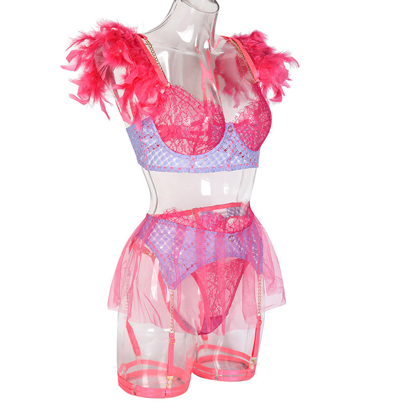 Luxurious Feather-Adorned Bra, Panty Set with Lace