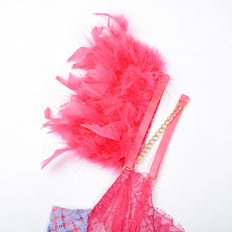 Luxurious Feather-Adorned Bra, Panty Set with Lace