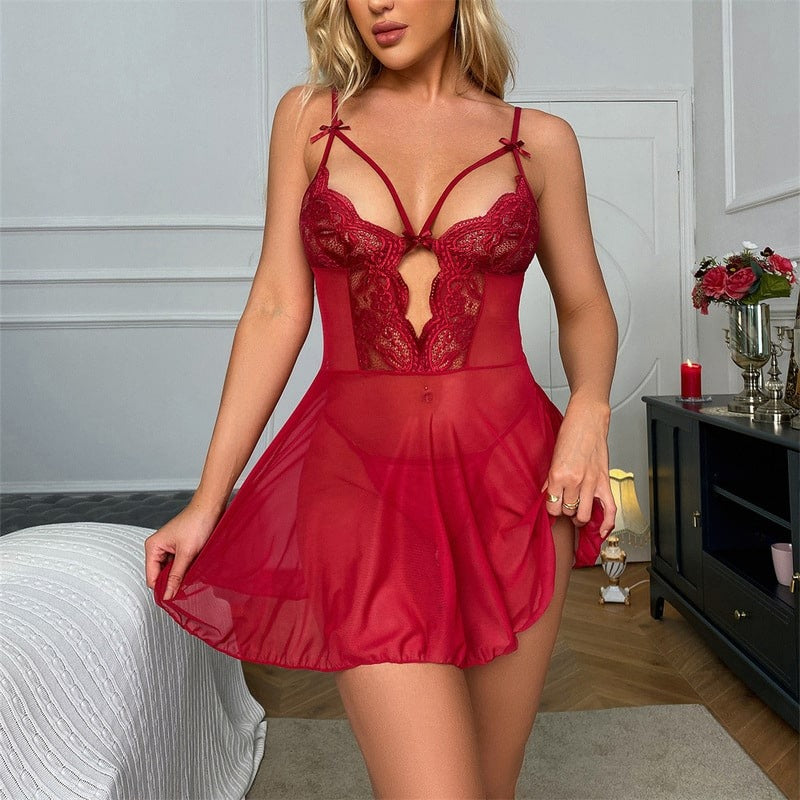 Deep V Sling Mesh Lace Babydoll Set