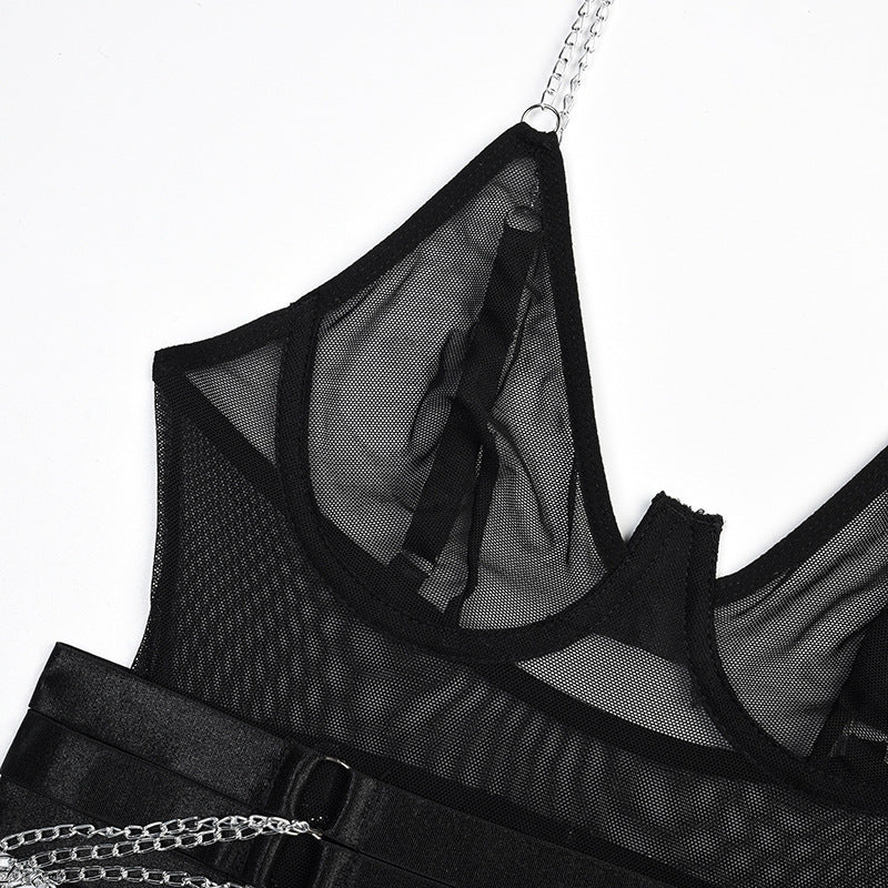 Mesh Bodysuit with Adjustable Belt and Metal Chain Details