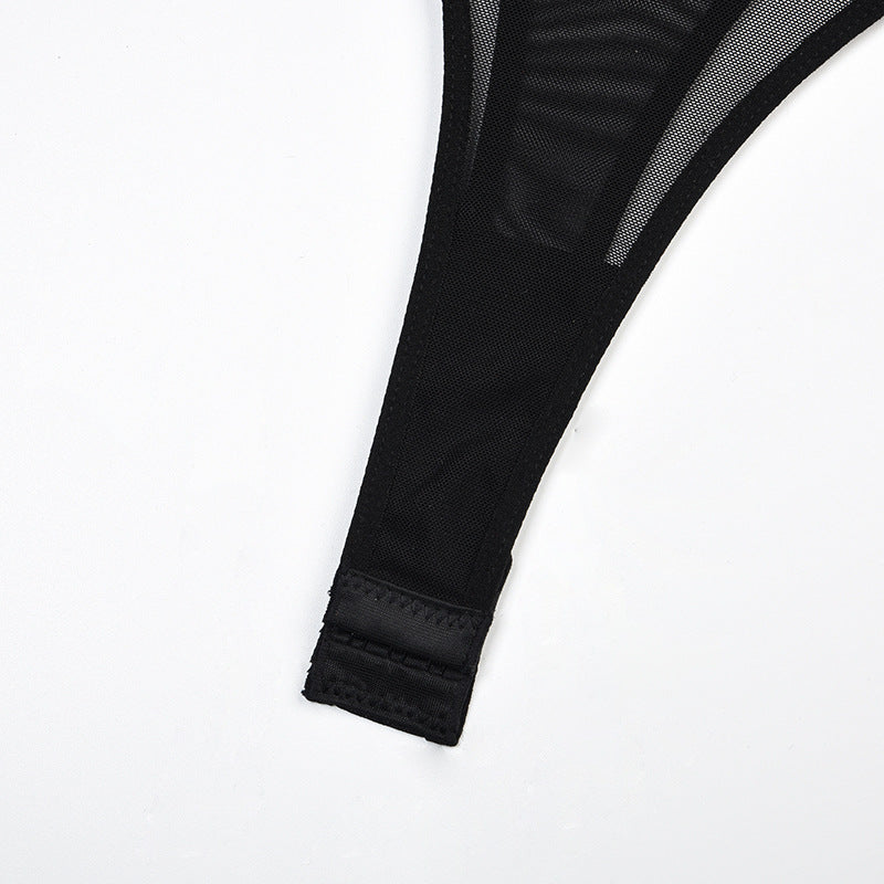 Mesh Bodysuit with Adjustable Belt and Metal Chain Details