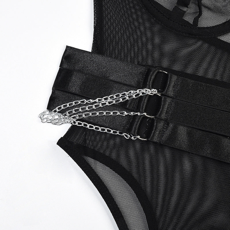 Mesh Bodysuit with Adjustable Belt and Metal Chain Details