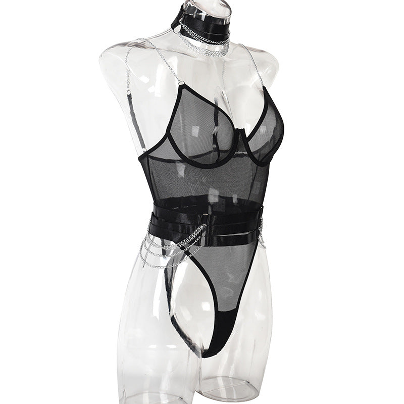 Mesh Bodysuit with Adjustable Belt and Metal Chain Details