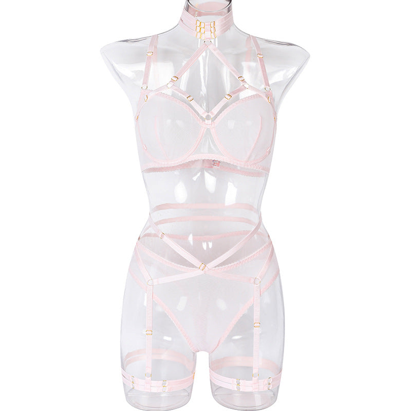 Mesh Halter Neck Bra, Panty Set with Elastic Band