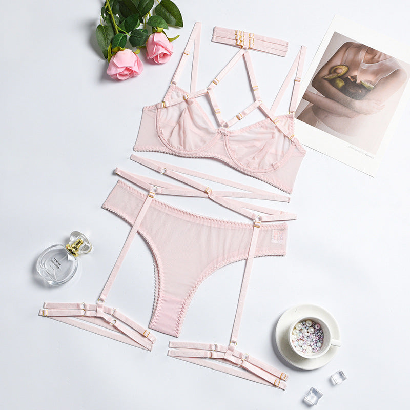 Mesh Halter Neck Bra, Panty Set with Elastic Band