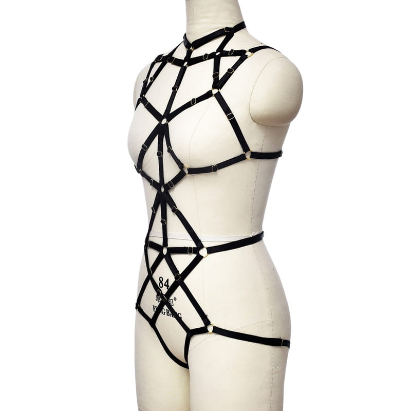Miss Open Back Bare Breast Black Harness Bodysuit