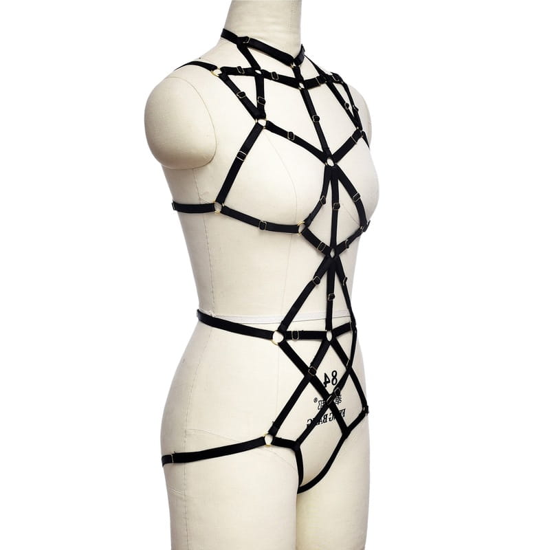 Miss Open Back Bare Breast Black Harness Bodysuit