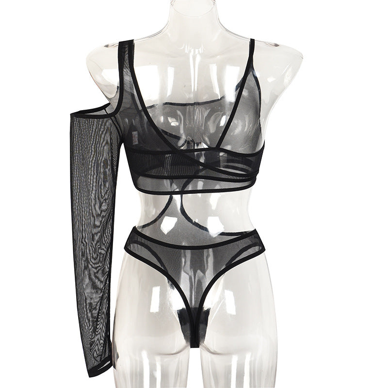 One-Shoulder Mesh Bodysuit with Long Sleeve