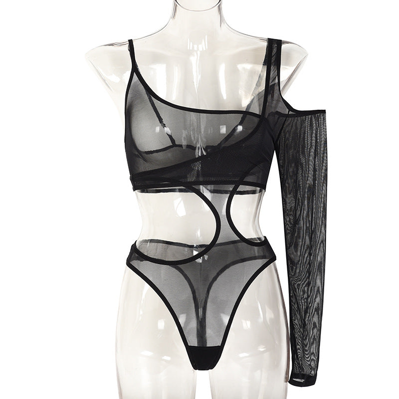 One-Shoulder Mesh Bodysuit with Long Sleeve