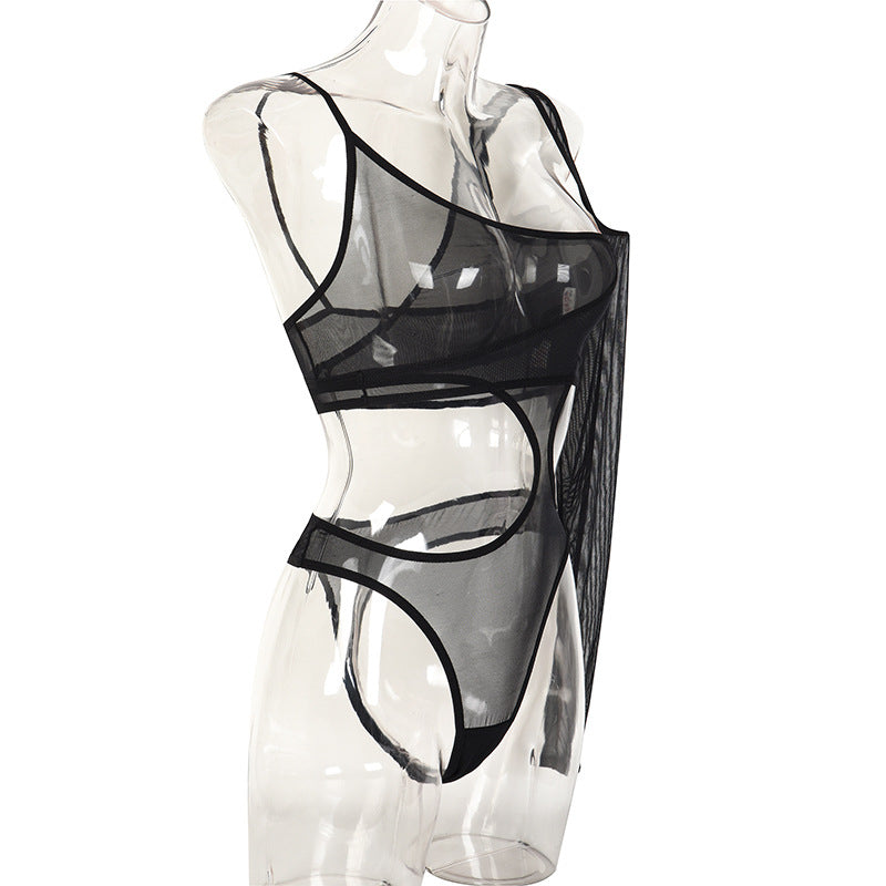 One-Shoulder Mesh Bodysuit with Long Sleeve