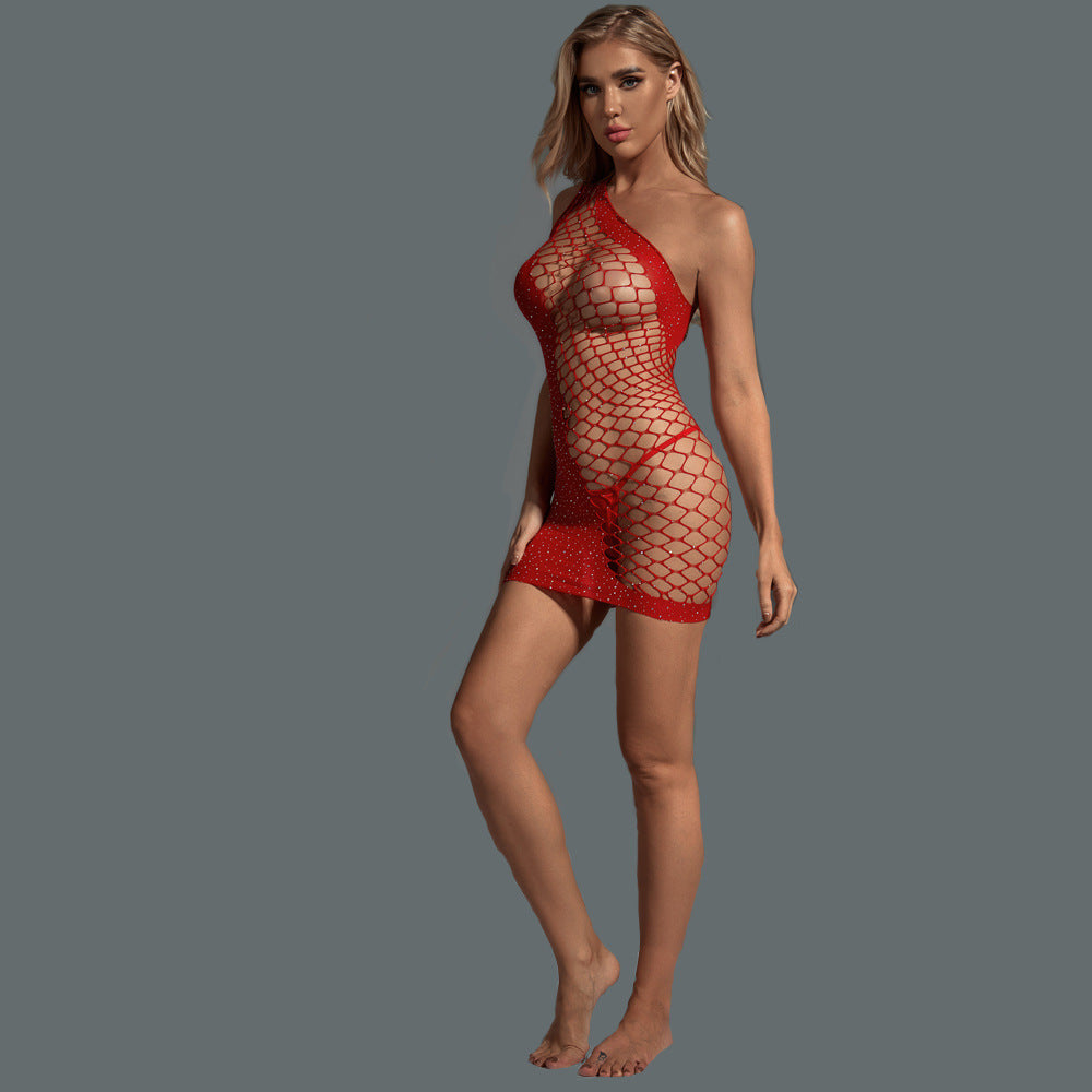 One-Shoulder Red Rhinestone Bodystocking Dress