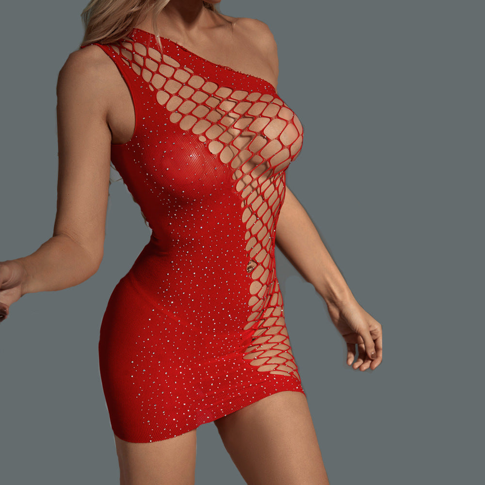 One-Shoulder Red Rhinestone Bodystocking Dress