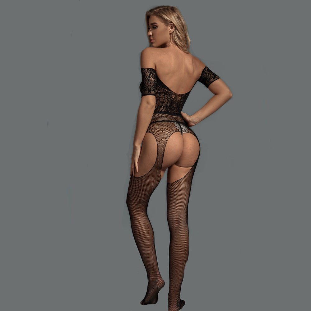 One-Shoulder Suspender Bodystocking with Jacquard