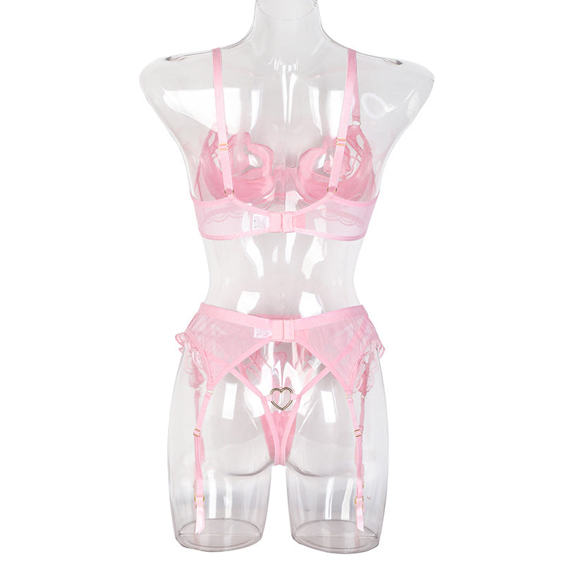 Enchanting Mesh Love Bra, Panty Set with Garter