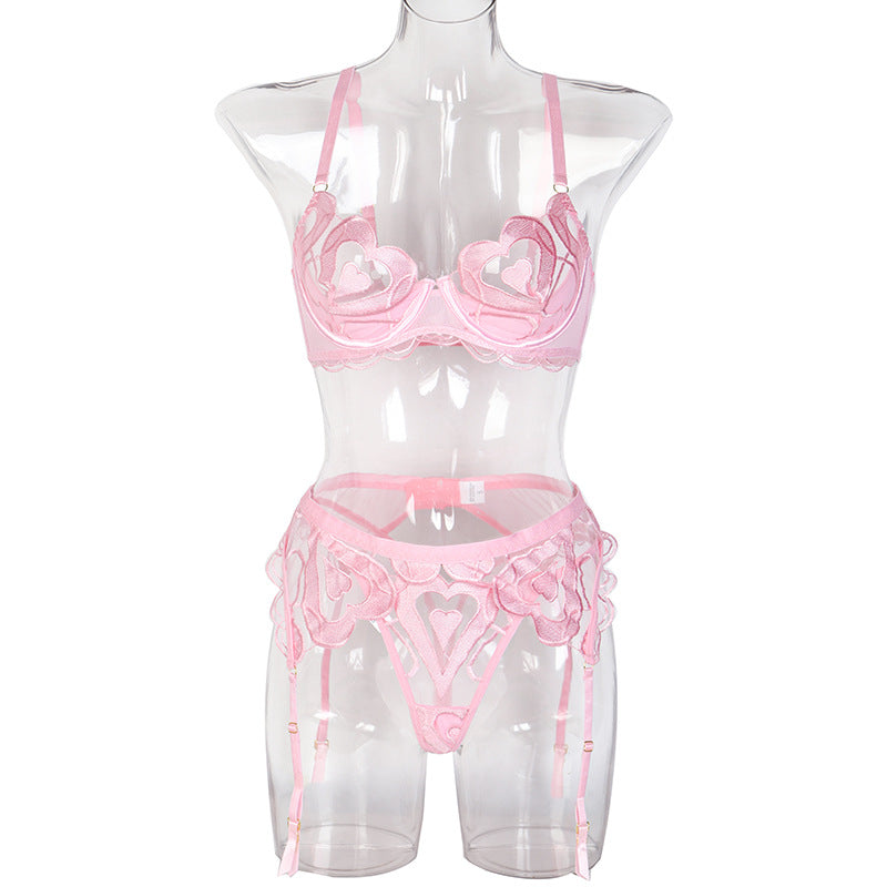 Enchanting Mesh Love Bra, Panty Set with Garter