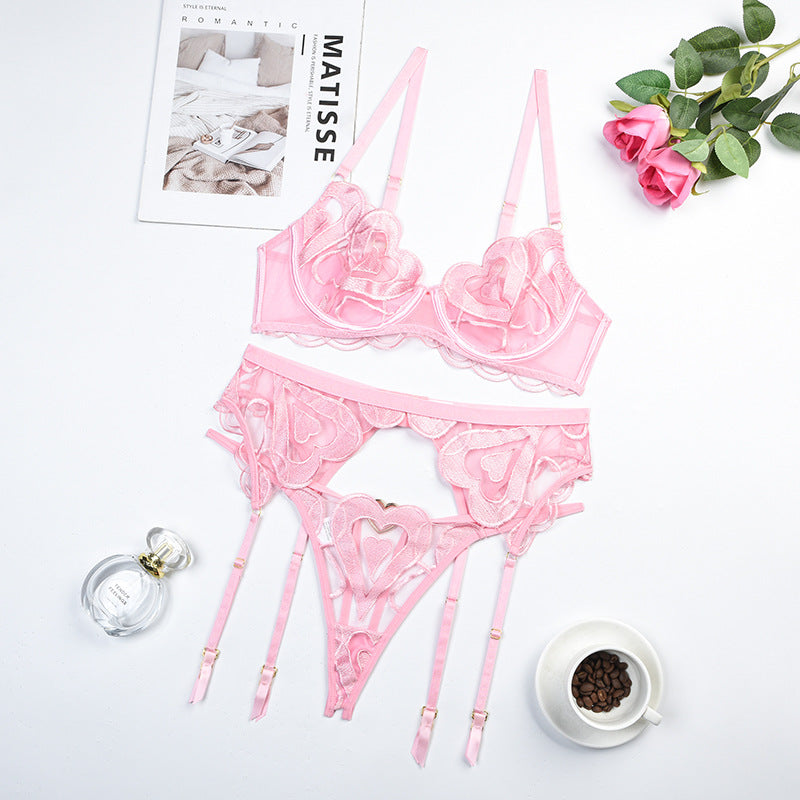 Enchanting Mesh Love Bra, Panty Set with Garter