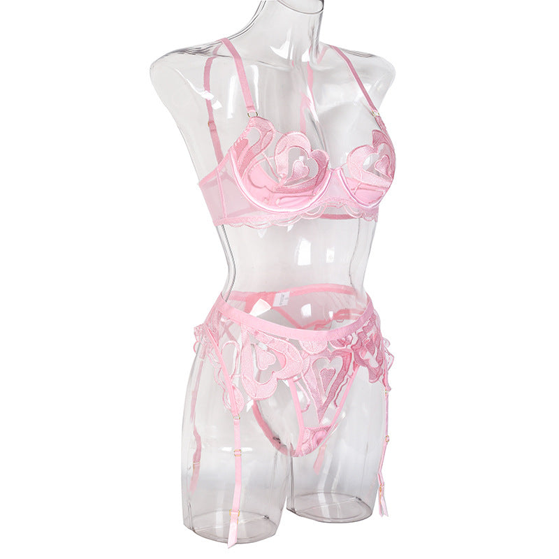 Enchanting Mesh Love Bra, Panty Set with Garter