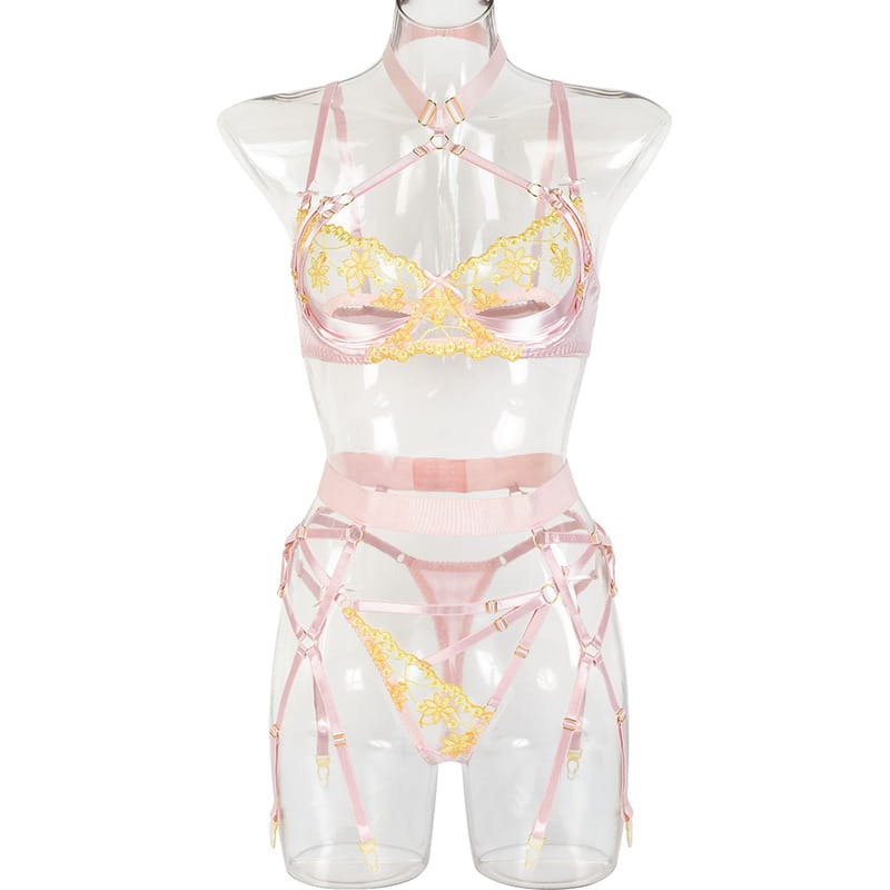 Halter Cutout Satin Panel Garter Belt Set