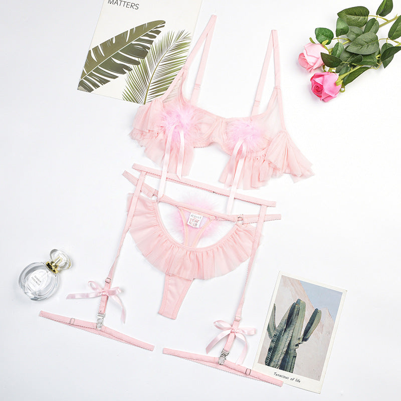 Sheer Bra Set with Pom-Poms Design