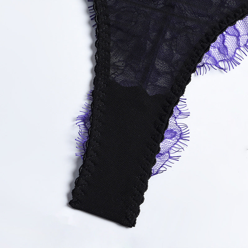 Purple Eyelash Lace Lingerie Set with Garter