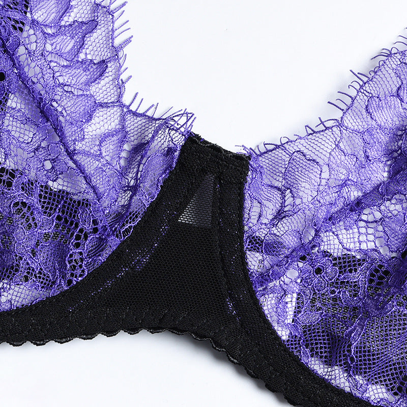 Purple Eyelash Lace Lingerie Set with Garter