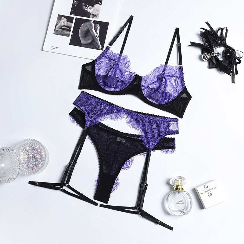 Purple Eyelash Lace Lingerie Set with Garter
