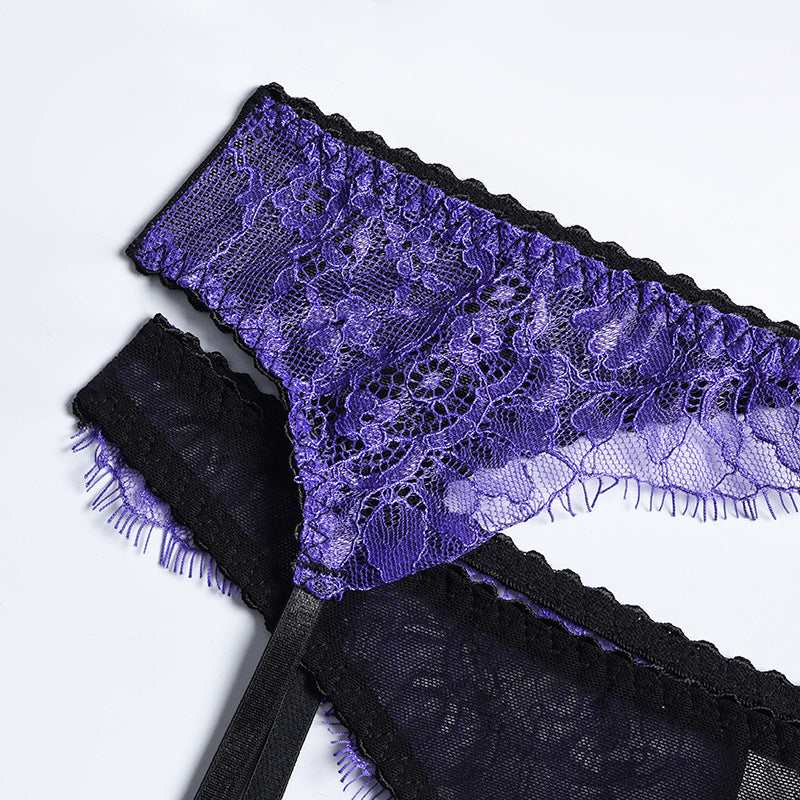 Purple Eyelash Lace Lingerie Set with Garter