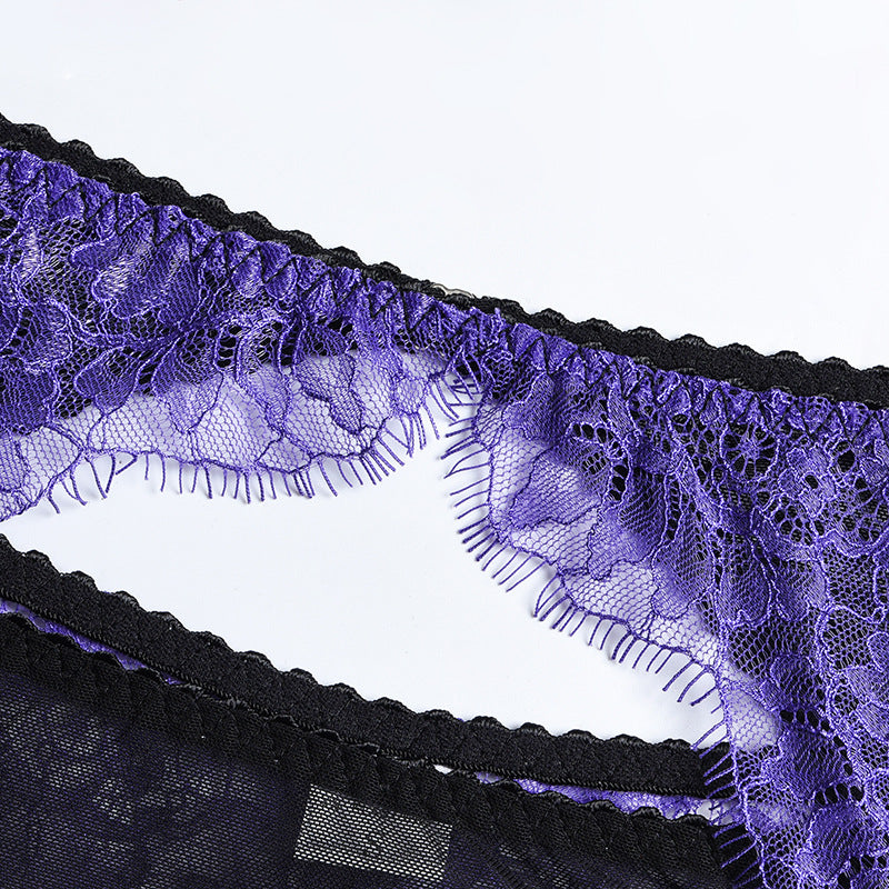 Purple Eyelash Lace Lingerie Set with Garter